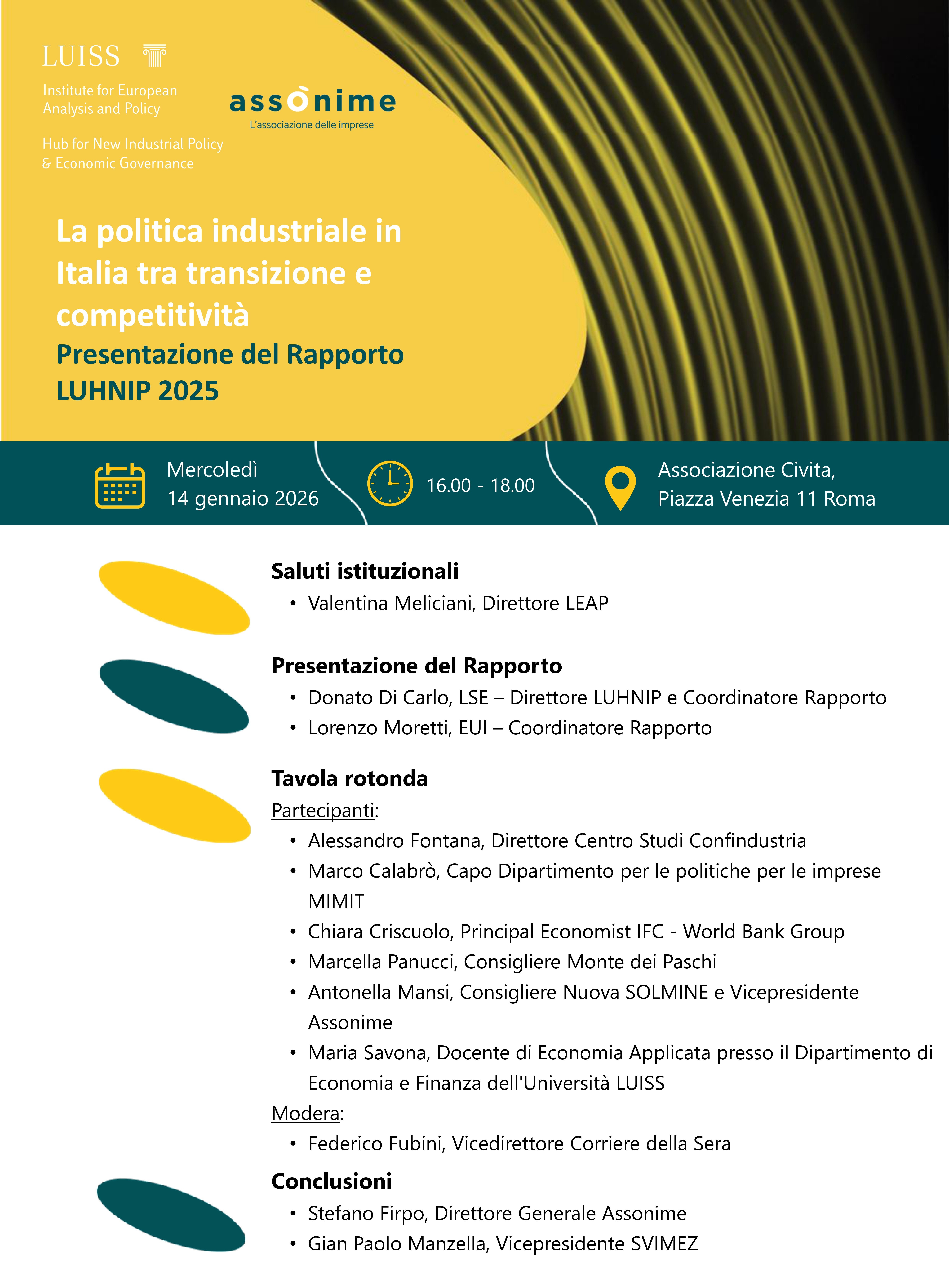 La politica industriale in Italia tra transizione e competitività. Presentazione ​del Rapporto LUHNIP 2025